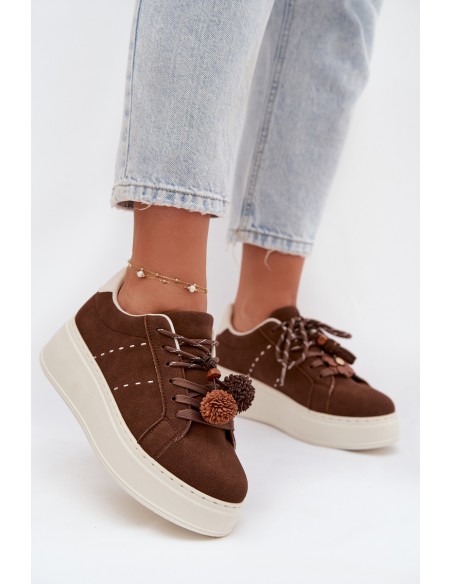 Women's Platform Sneakers with Decorative Pompons Chocolate Corinna