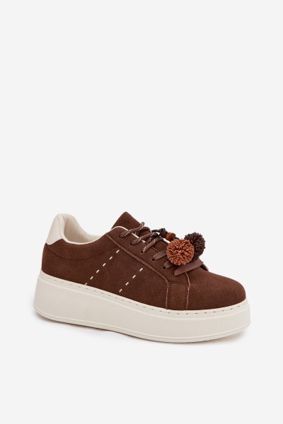 Women's Platform Sneakers with Decorative Pompons Chocolate Corinna 2