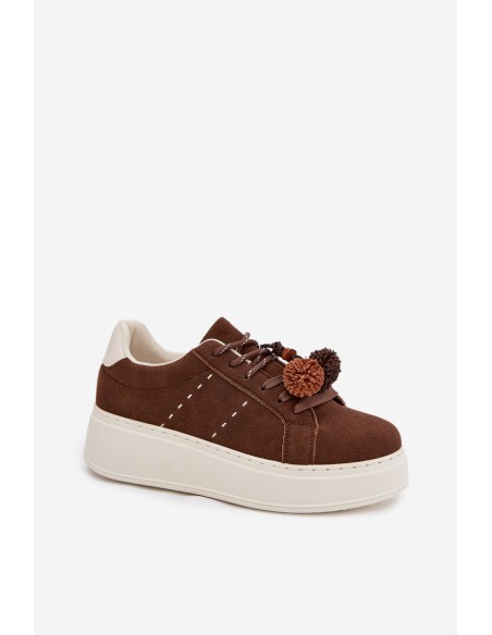 Women's Platform Sneakers with Decorative Pompons Chocolate Corinna