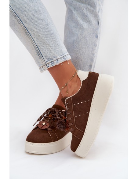 Women's Platform Sneakers with Decorative Pompons Chocolate Corinna