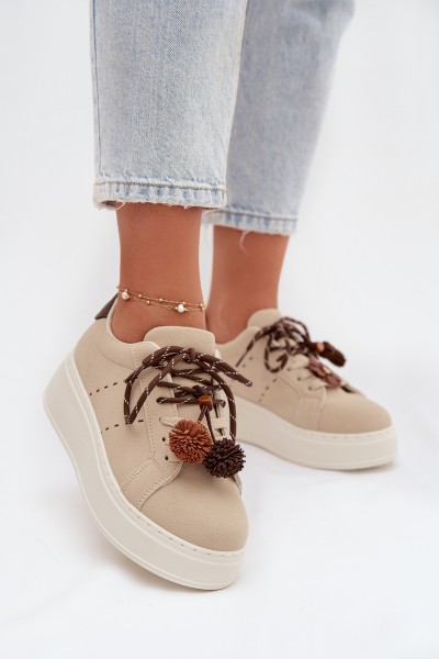 Women's Platform Sneakers with Decorative Pompons Beige Corinna