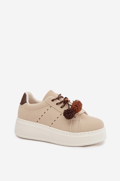 Women's Platform Sneakers with Decorative Pompons Beige Corinna 2