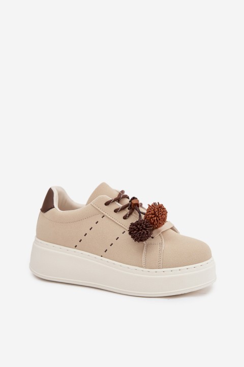Women's Platform Sneakers with Decorative Pompons Beige Corinna
