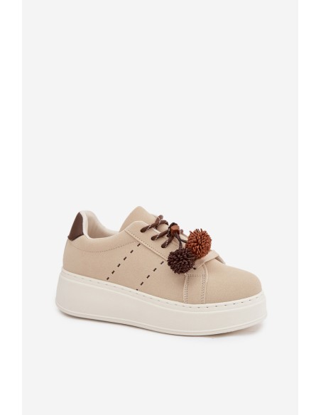 Women's Platform Sneakers with Decorative Pompons Beige Corinna
