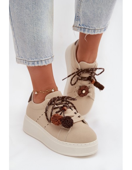Women's Platform Sneakers with Decorative Pompons Beige Corinna