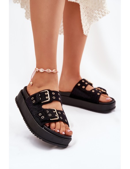 Ladies Sandals With Golden Buckles On Platform Black Virvania