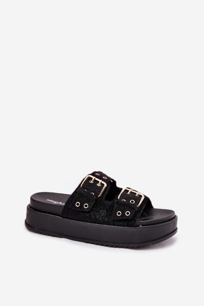 Ladies Sandals With Golden Buckles On Platform Black Virvania 2