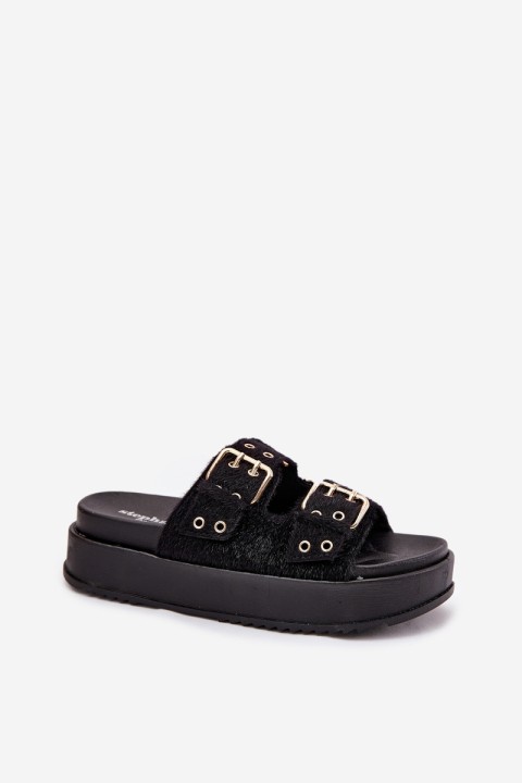 Moteriškos basutės su auksinėmis sagtimis ant platformos, juodos spalvos, Virvania