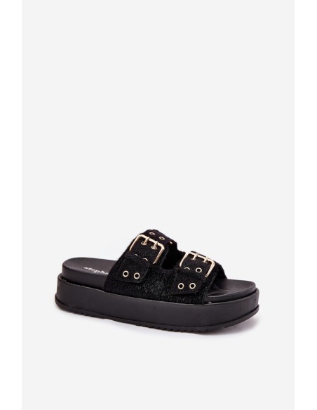 Ladies Sandals With Golden Buckles On Platform Black Virvania