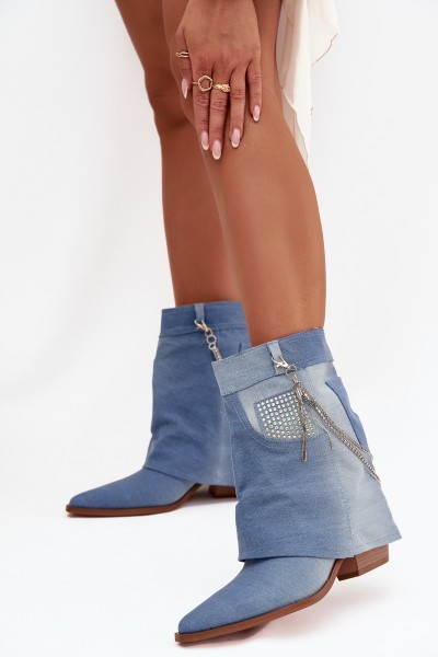 Women's block heel ankle boots with chain denim Ilyana