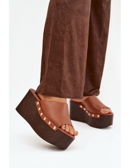 Women's Platform Slides with Buckles Camel Mareline
