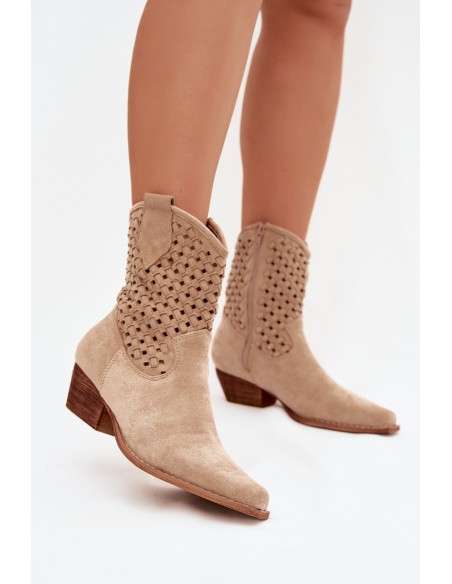 Beige Openwork High Heel Ankle Boots by Ferissa
