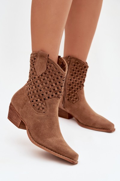 Openwork High Heel Ankle Boots by Ferissa Camel