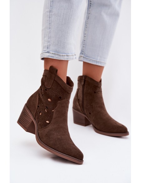 Moteriški kaubojiški aulinukai iki kulkšnių su nėrinių raštu šokolado spalvos Nolvina