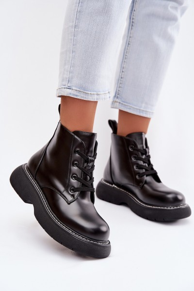 Women's Insulated Platform Ankle Boots Lace-Up Black Harmine