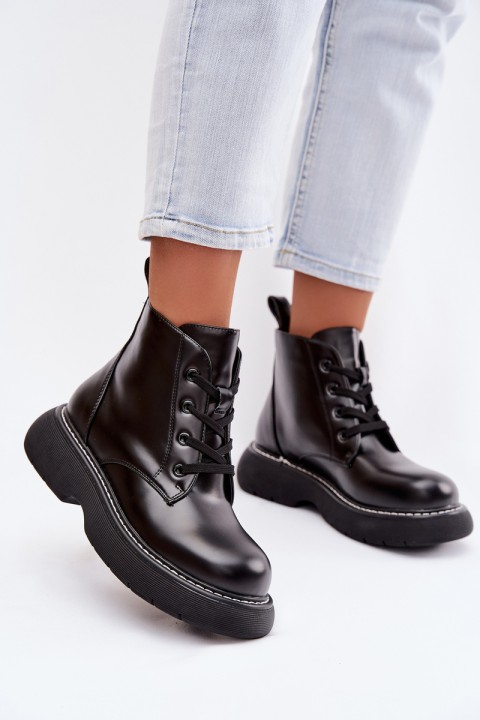 Women's Insulated Platform Ankle Boots Lace-Up Black Harmine