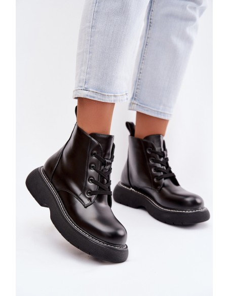 Women's Insulated Platform Ankle Boots Lace-Up Black Harmine