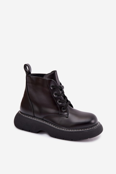 Women's Insulated Platform Ankle Boots Lace-Up Black Harmine