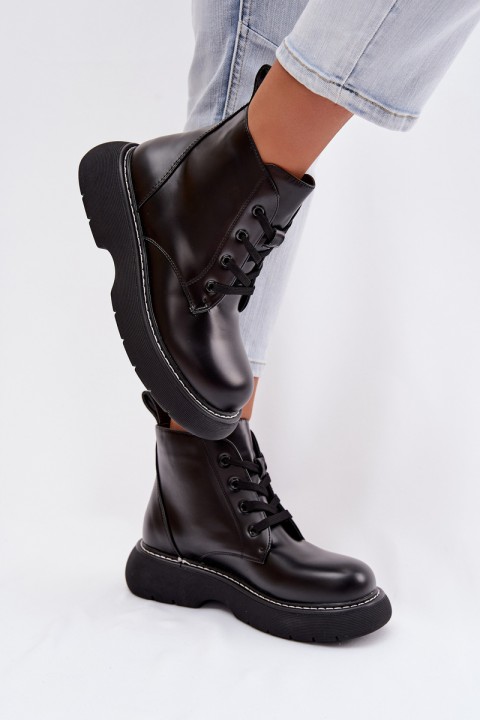 Women's Insulated Platform Ankle Boots Lace-Up Black Harmine