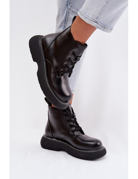 Women's Insulated Platform Ankle Boots Lace-Up Black Harmine