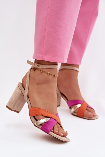 Women's Block Heel Sandals With Straps Eco Suede Beige Karilora