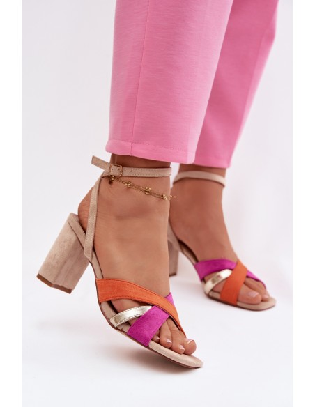 Women's Block Heel Sandals With Straps Eco Suede Beige Karilora