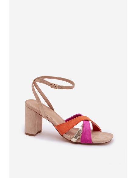 Women's Block Heel Sandals With Straps Eco Suede Beige Karilora