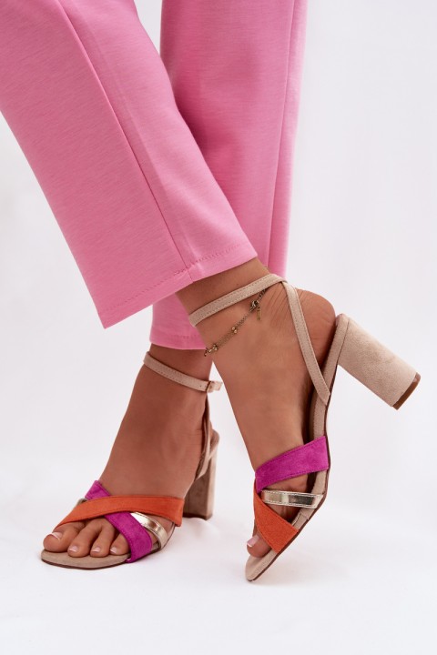 Women's Block Heel Sandals With Straps Eco Suede Beige Karilora