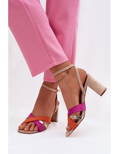 Women's Block Heel Sandals With Straps Eco Suede Beige Karilora