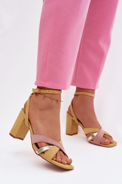 Women's Block Heel Sandals With Straps Eco Suede Yellow Karilora