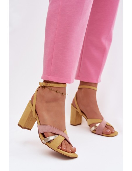 Women's Block Heel Sandals With Straps Eco Suede Yellow Karilora