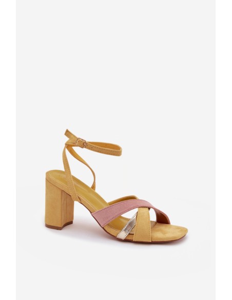 Women's Block Heel Sandals With Straps Eco Suede Yellow Karilora