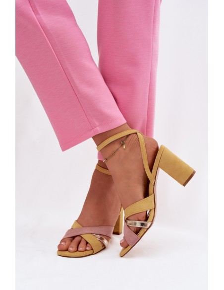 Women's Block Heel Sandals With Straps Eco Suede Yellow Karilora