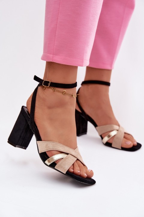 Women's Block Heel Sandals With Straps Eco Suede Black Karilora