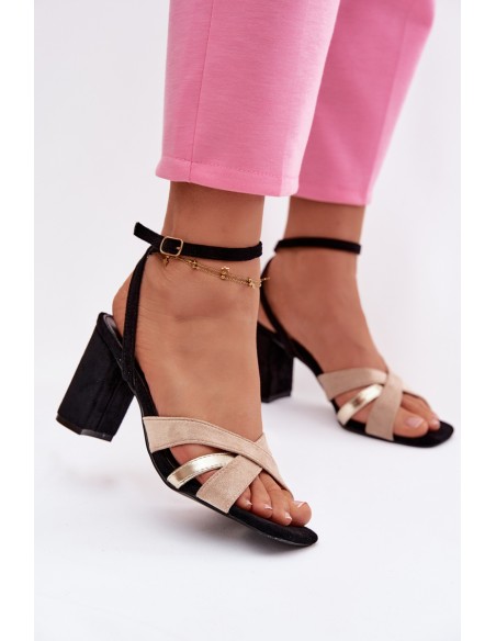 Women's Block Heel Sandals With Straps Eco Suede Black Karilora