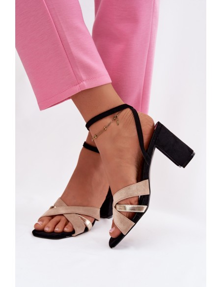 Women's Block Heel Sandals With Straps Eco Suede Black Karilora