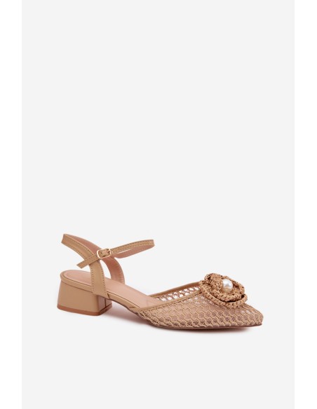 Moteriškos basutės su blokiniu kulnu ir dekoratyvinėmis detalėmis tamsiai smėlio spalvos Vionessa