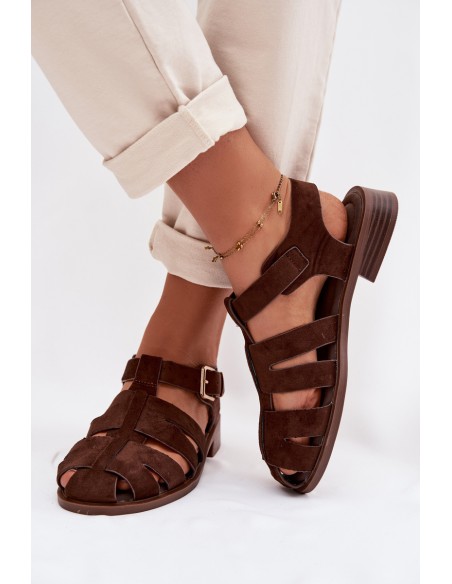 Moteriškos romėniškos basutės su auksine sagtimi šokolado spalvos Janessa