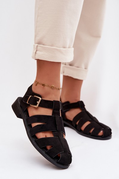 Women's Roman Sandals Black With Gold Buckle Janessa