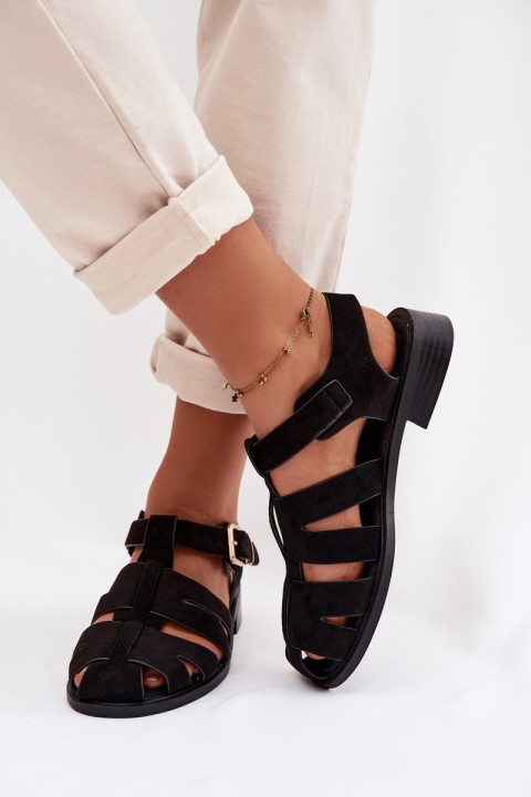 Women's Roman Sandals Black With Gold Buckle Janessa