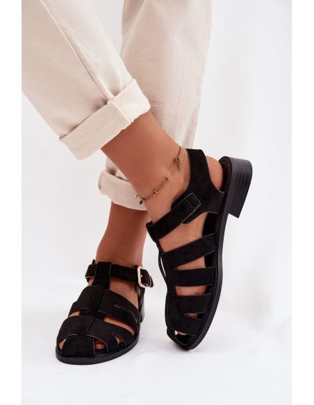 Women's Roman Sandals Black With Gold Buckle Janessa
