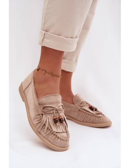 Moteriški karoliukais dekoruoti mokasinai smėlio spalvos „Teressa“