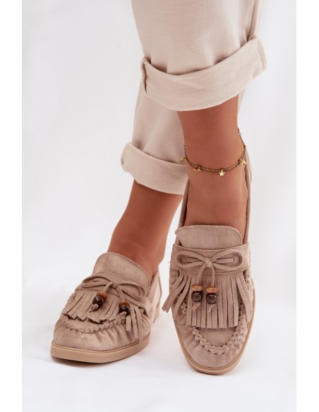 Moteriški karoliukais dekoruoti mokasinai smėlio spalvos „Teressa“