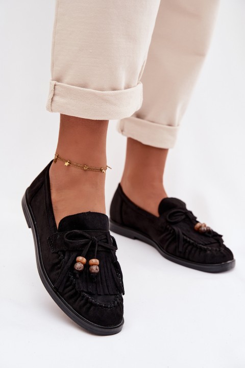 Women's Moccasins With Fringes And Beads Black Teressa