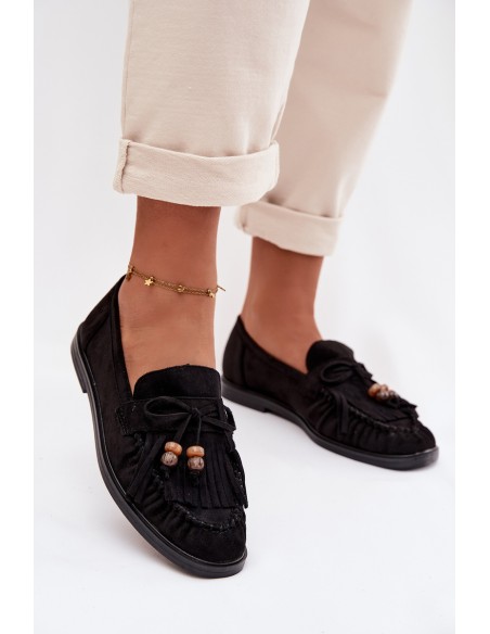Women's Moccasins With Fringes And Beads Black Teressa