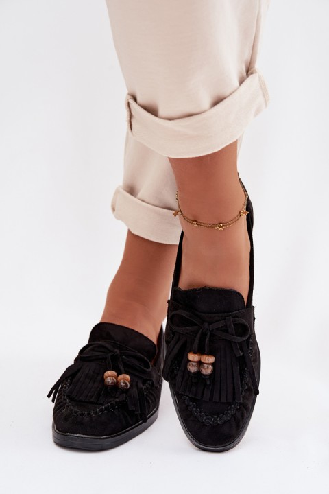 Women's Moccasins With Fringes And Beads Black Teressa