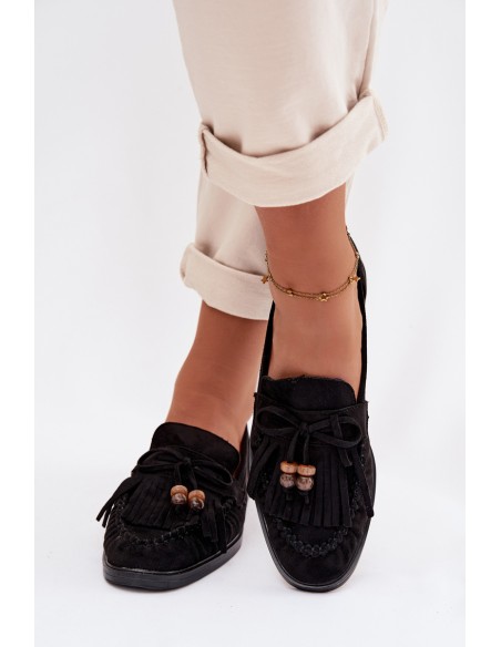 Women's Moccasins With Fringes And Beads Black Teressa