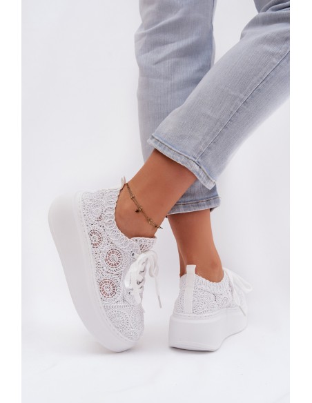 Nėriniai moteriški platforminiai sportbačiai su gobtuvu, balti, Evalora
