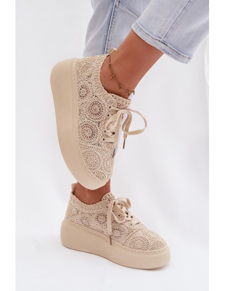 Women's Crochet Sneakers Platform Beige Evalora