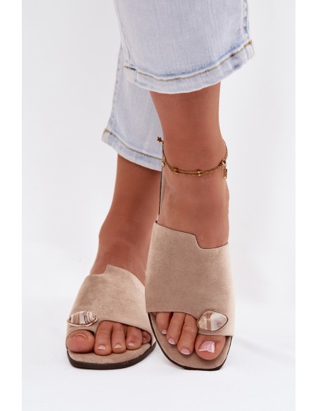 Women's Flat Decorative Detail Eco Suede Beige Slides Selavine